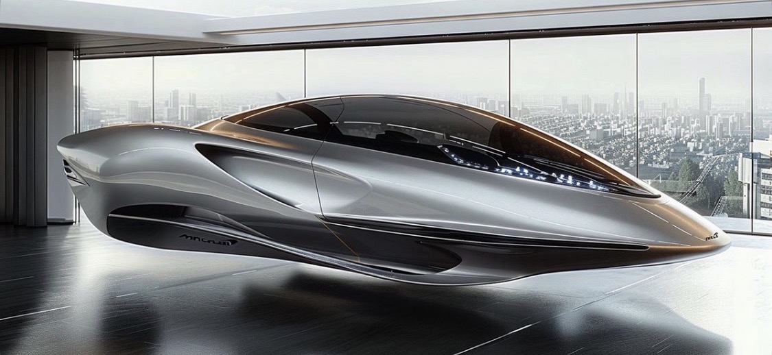 A streamlined silver futuristic vehicle displayed inside a panoramic glass architectural space.