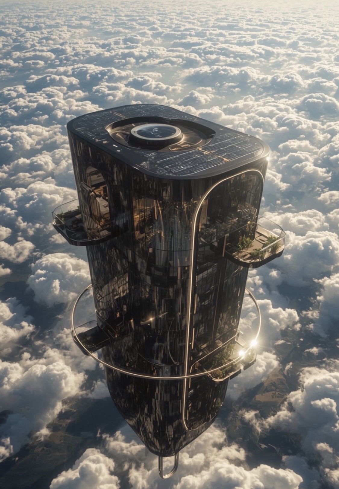 A dark, glass-fronted futuristic tower suspended above a vast layer of clouds.