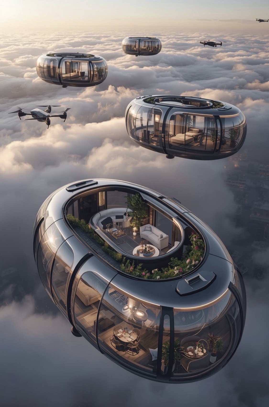 Several transparent futuristic living capsules floating above the clouds, with interiors visible through curved glass.